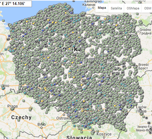 Fot 1. opencaching.pl | Poglądowa mapa geocaching z opencaching.pl